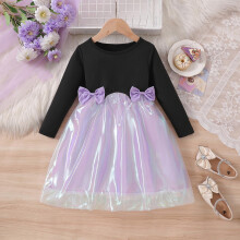 Girls Dress Long Sleeve Round Neck Bow Tie Mesh Skirt
