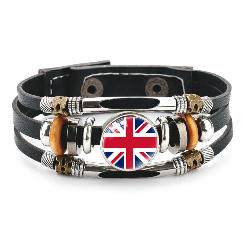 Leather Bracelet Country Flag Multi-Layer Black Cowhide