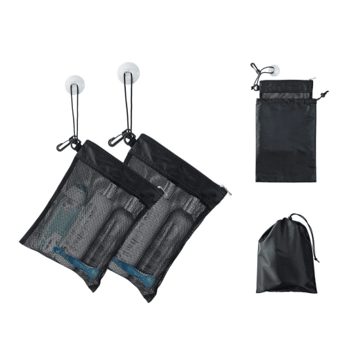 Black Mesh Toiletry Tote with Zip & Drawstring Pouch