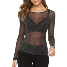 Top de manga larga de malla transparente para mujer, color negro, talla XL.