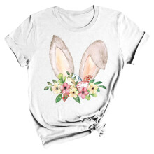 Dames T-shirt met konijnen- en bloemenprint, ronde hals, korte mouwen