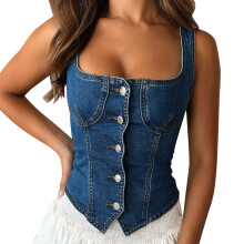 Top corset jeans feminino azul com decote quadrado