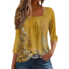 Blusa túnica amarilla con estampado floral y cuello cuadrado para mujer, 3/4