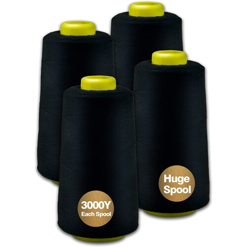 Black Serger Thread Polyester 4 Cones 3000 Yards Each