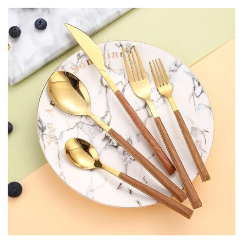 Stainless Steel Flatware Set with Wood Handles 5 Pieces