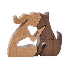 Estatua de perro de madera hecha a mano con escultura de hombre, para el hogar o la oficina.