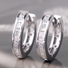 Men's Rhinestone Huggie Hoop Earrings Silver Plated