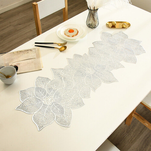 Silver Table Runner Heat Resistant 36 Inches Flower Shaped