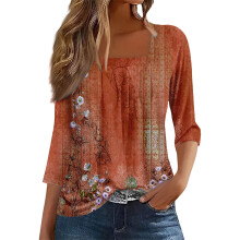 Women's floral square neck tunic top with 3/4 sleeves