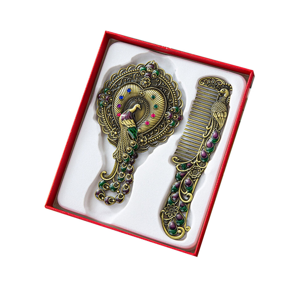 Retro Peacock Flower Hand Mirror with Comb Set