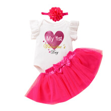 Conjunto de roupa para bebê menina para o Dia dos Namorados: Macacão com babados + Saia de tule,