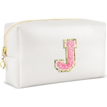 Nécessaire de maquiagem em couro impermeável, estilo preppy, com inicial.
