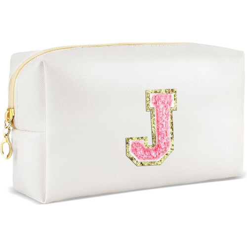 Nécessaire de maquiagem em couro impermeável, estilo preppy, com inicial.