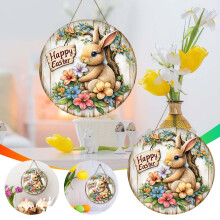 Placa de madera de conejito de Pascua, decoración de pared retro con diseño floral de conejo