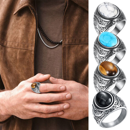 Men's Titanium Steel Turquoise Ring with Opal Inlay 1