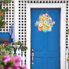 Wooden Spring Door Hanging Decor with Colorful Flowers
