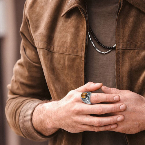 Men's Titanium Steel Turquoise Ring with Opal Inlay 1