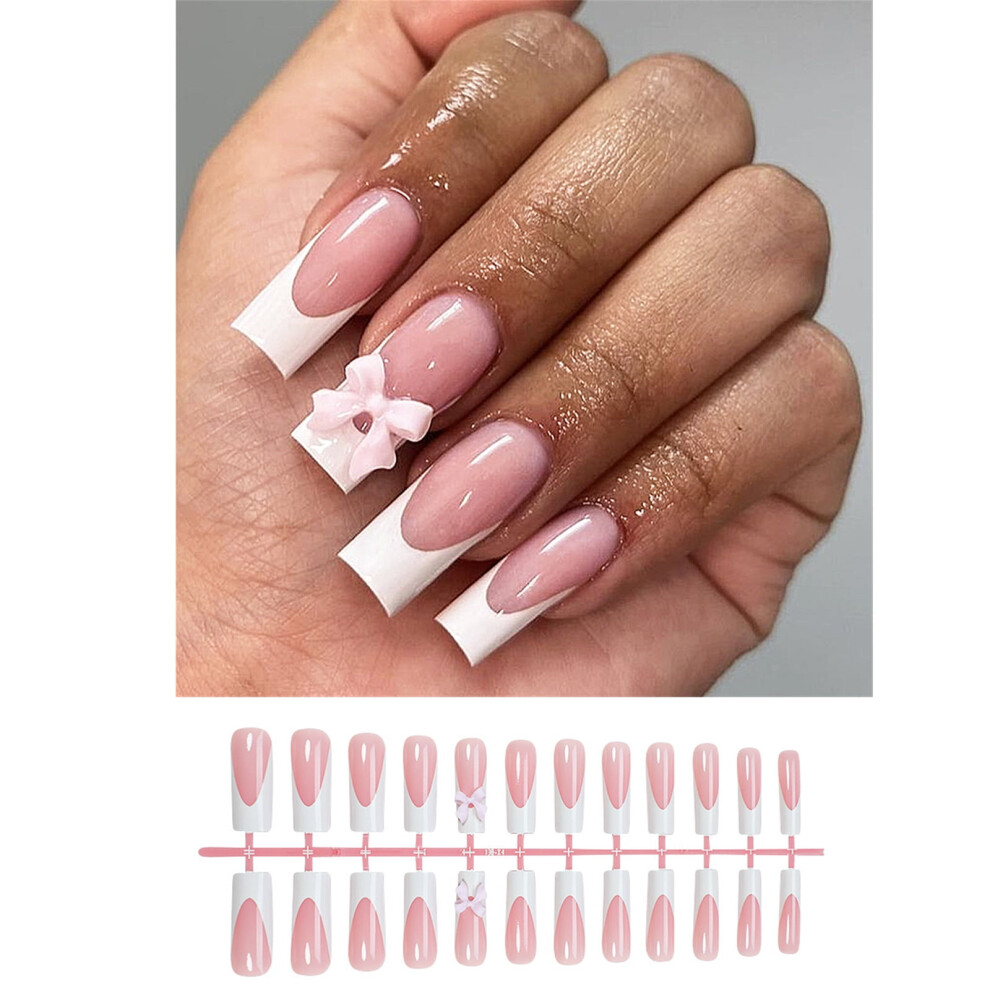 French Tip Press-On Nails Medium Long Coffin 24 Pcs