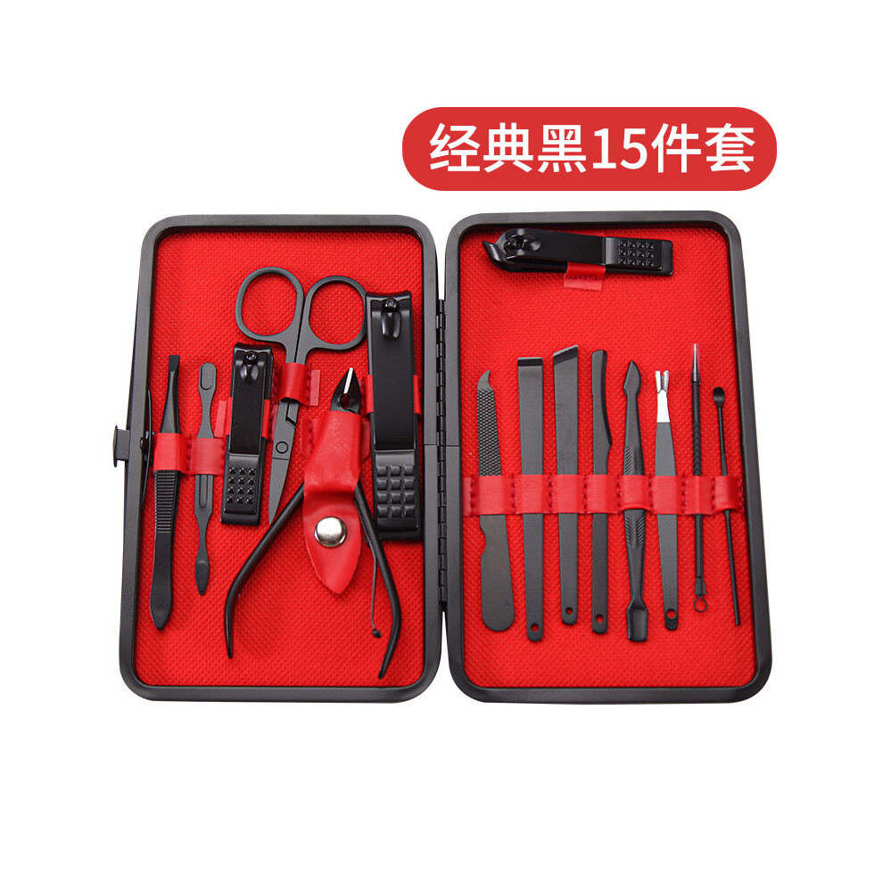 (Classic black and red 15-piece set) 24Pcs Black-Red Nail Kit,Ear Picks,Slanted Clippers,Nose Scissors Tweezers Manicure Set