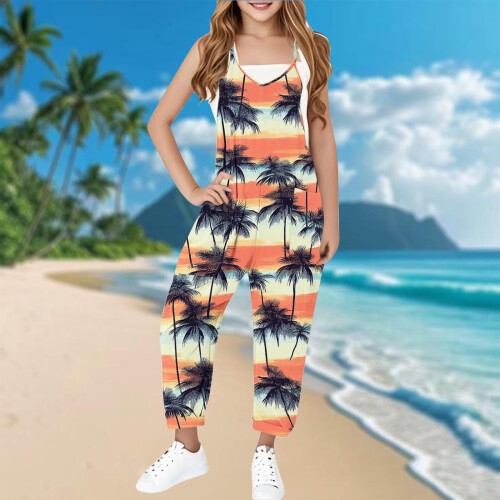 Girls Sleeveless Jumpsuit with Palm Print Adjustable Straps 1