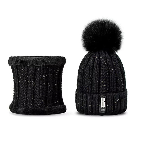 Conjunto de cachecol e gorro de inverno feminino com pompons