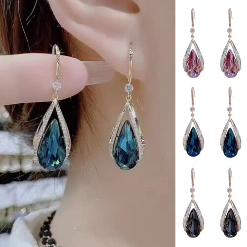 Hook Earrings Rhinestone Waterdrop Dangling Pair Blue