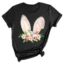 Dames T-shirt met konijnen- en bloemenprint voor Pasen, zwart, ronde hals, kort model