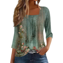 Grünes Damen-Tunika-Top mit Blumenmuster, eckigem Ausschnitt und 3/4-Ärmeln