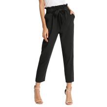 Women's Slim Casual Cropped Paper Bag Waist Trousers with