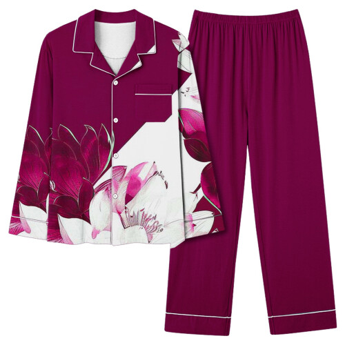 Women's Graphic Print Pajama Set Long Sleeve Button-Up Top