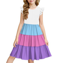 Girls' Color Block Ruffle Sleeve Sundress Summer Casual