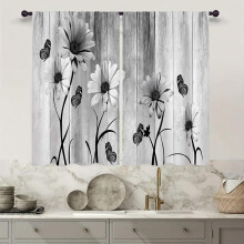 Floral Daisy Kitchen Curtains Black Grey 27.5x39 Inch