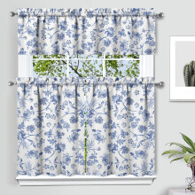 Blue Floral Kitchen Curtain Valance Set 3 pcs
