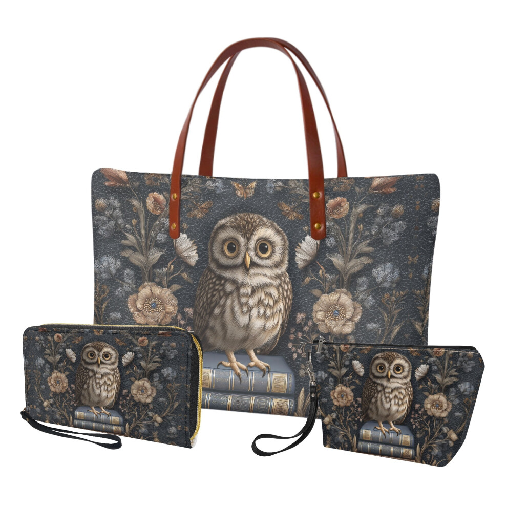Owl Print PU Leather Handbag Set for Women â Makeup Bag,