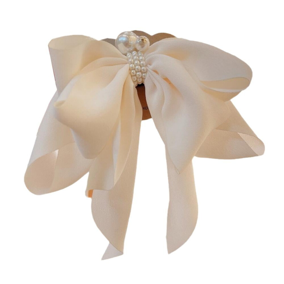Women's satin bow pearl hair clips with chiffon, 1 pair