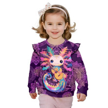Purple Mandala Axolotl Girl Hoodie Ruffle Sleeve O-Neck