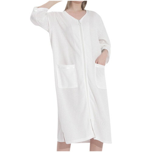 Women's Waffle Bathrobe Lightweight Zip-Up White M