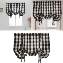 Buffalo Check Tie-Up Curtains Grey White Semi-Sheer Rod