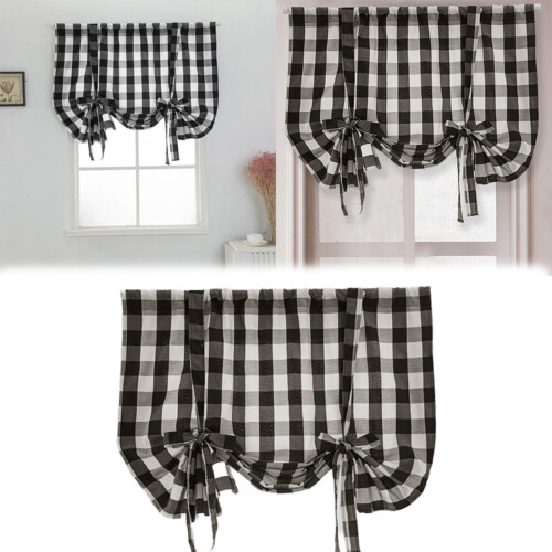 Buffalo Check Tie-Up Curtains Grey White Semi-Sheer Rod