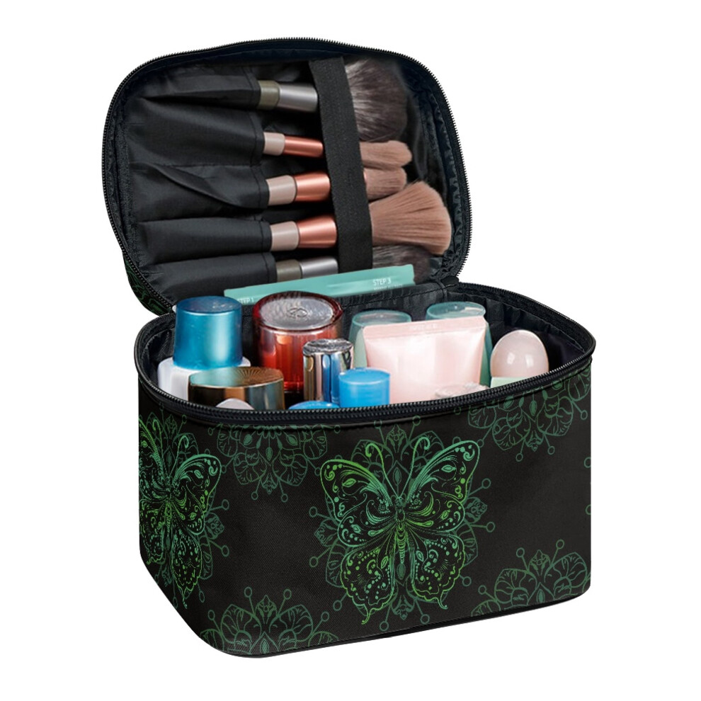 Butterfly Pattern Travel Makeup Case with Zipper and Brush