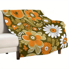 Coperta in flanella a fantasia floreale, arancione e verde oliva, 60x80 pollici