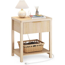 Fluted Nightstand with Drawers and Charging Station Natural