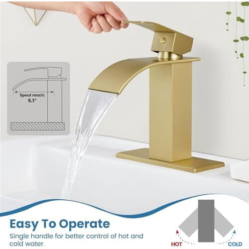 Brushed Gold Waterfall Bathroom Faucet Single Handle 1-Hole 1