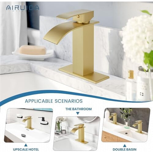 Brushed Gold Waterfall Bathroom Faucet Single Handle 1-Hole 2