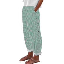 Pantaloni scurți yoga pentru femei, verde, talie înaltă, din bumbac și in, cu dungi, mărimea L, talie înaltă