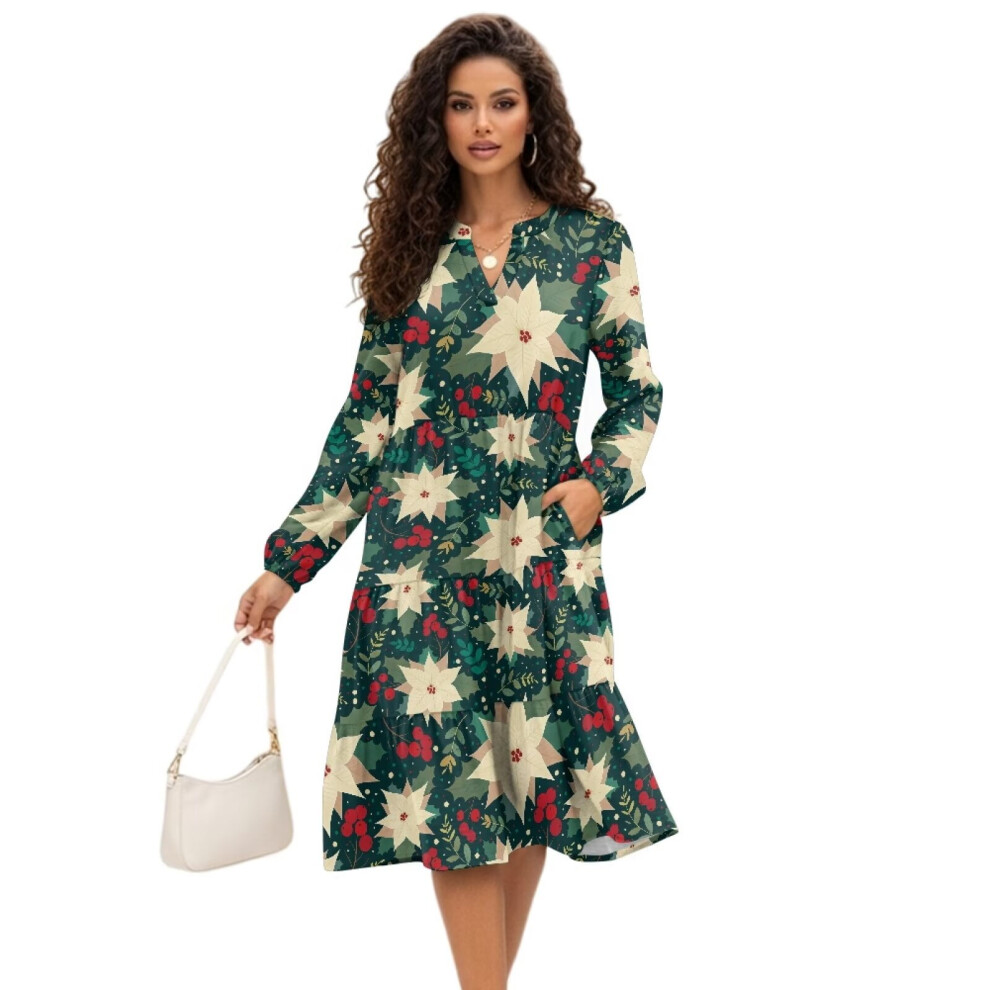 Women's Poinsettia Midi Dress With Pockets, Loose Patchwork 9455834338347