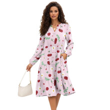 Jurk met kersenprint en tailleband voor dames, met zakken en een zwierige midi-lengte.