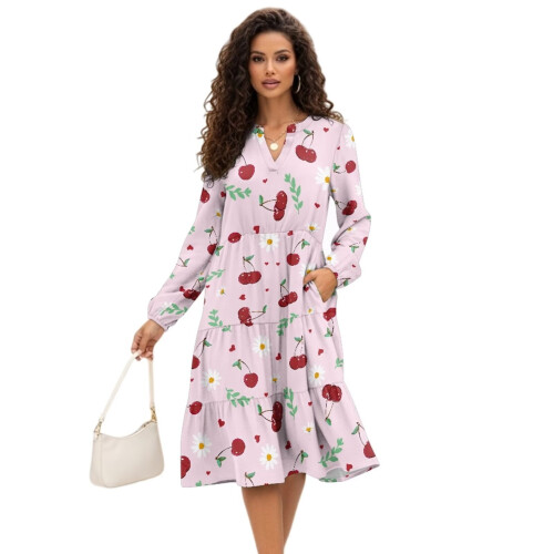 Abito midi da donna con stampa di ciliegie e tasche, lunghezza fluida