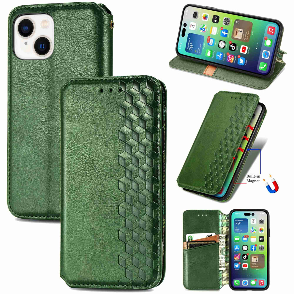 Iphone 14 Wallet Case Pu Leather Flip Folio Green 9180333282401