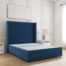 (Blue, 4ft Small Double (No Mattress)) Alina Divan Double Bed Plush Velvet 54” Winged Headboard Built-in 2 Drawers Storage Mattress